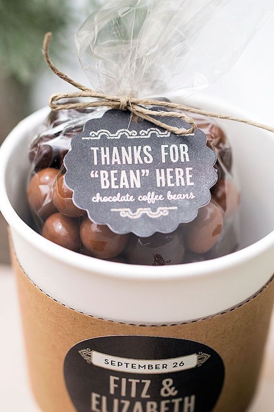 chocolate covered coffee beads are lovely wedding favors with cute tags and you can pack as many as you want