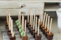 chocolate popsicles on sticks with various tastes and additions plus mint touches are lovely wedding desserts