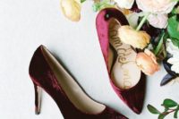 cranberry velvet heels are amazing for a colorful and textural touch, and this color is great to stand out in pale winter colors