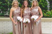 glam rose gold one shoulder maxi bridesmaid dresses with draped bodices are beautiful and romantic