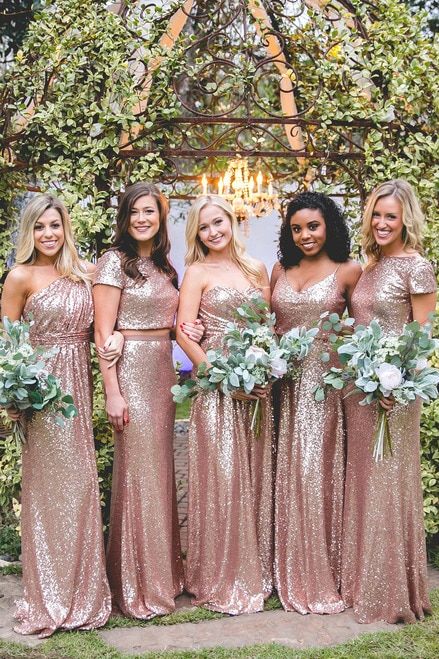 mismatching bridesmaids' looks in rose gold sequins are lovely, chic, bold and very romantic