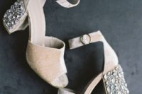 neutral velvet shoes with heavily embellished block heels are both comfortable and refined