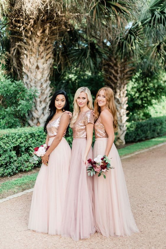 romantic bridesmaid looks with rose gold tops and light pink tulle maxi skirts are very lovely and chic