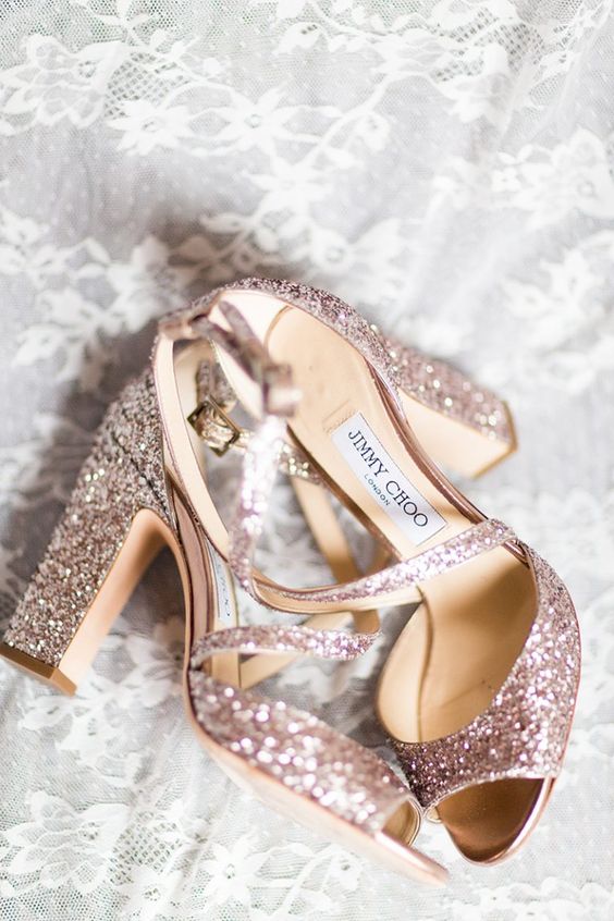 rose gold wedding block heels for a glam, sparkly and shiny bridal look