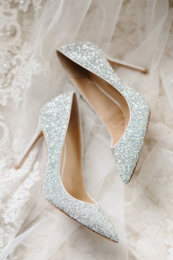 silver glitter wedding shoes are a glam, chic and shiny touch to the bridal look in many styles