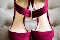 stylish and bold burgundy shoes with straps are a very elegant and timeless option for a flal or winter bride
