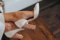 stylish white wedding shoes with rose gold glitter heels are romantic, stylish and beautiful