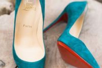 teal suede wedding heels will add a colorful touch and a texture to your look