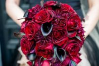 a cascading wedding bouquet of black callas and deepr red roses is ideal for a Halloween bride