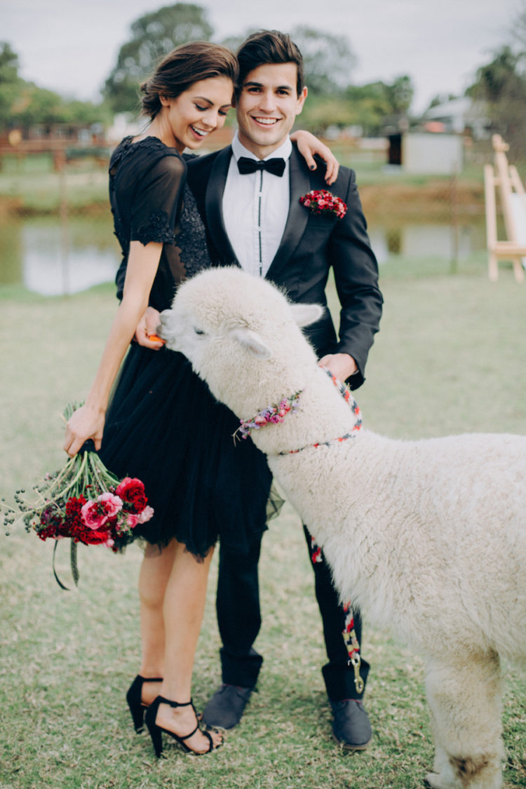 a couple wearing black, a hot red and pink wedding bouquet and a matching boutonniere