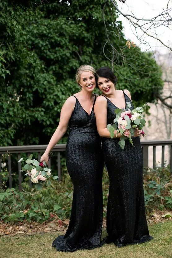 Black sequin sheath bridesmaid gowns with spaghetti straps and V necklines