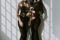 brides rocking black – a mermaid wedding gown with long sleeves and a jumpsuit with lace details on top for a modern witchy wedding