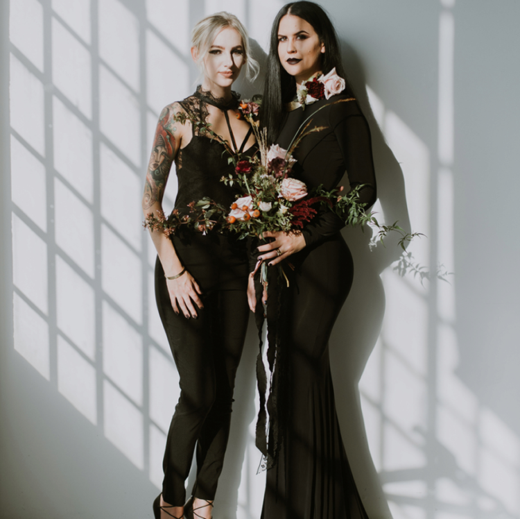 brides rocking black - a mermaid wedding gown with long sleeves and a jumpsuit with lace details on top for a modern witchy wedding