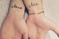 Mr and Mrs calligraphy wrist tattoos for a couple will commemorate your love