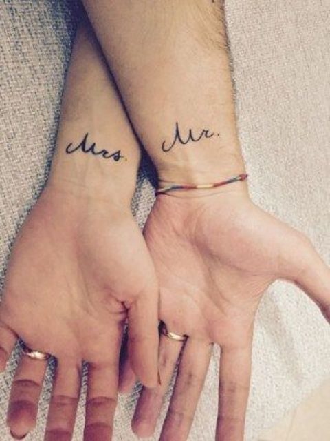 Mr and Mrs calligraphy wrist tattoos for a couple will commemorate your love