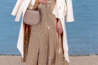 a beautiful beige sequin A-line midi skirt with a front slit is a non-traditional idea to go for