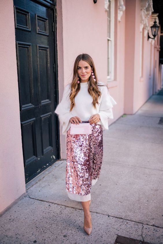 a beautiful white and pink sequin A line midi skirt is an unusual and cool idea to wear to a party