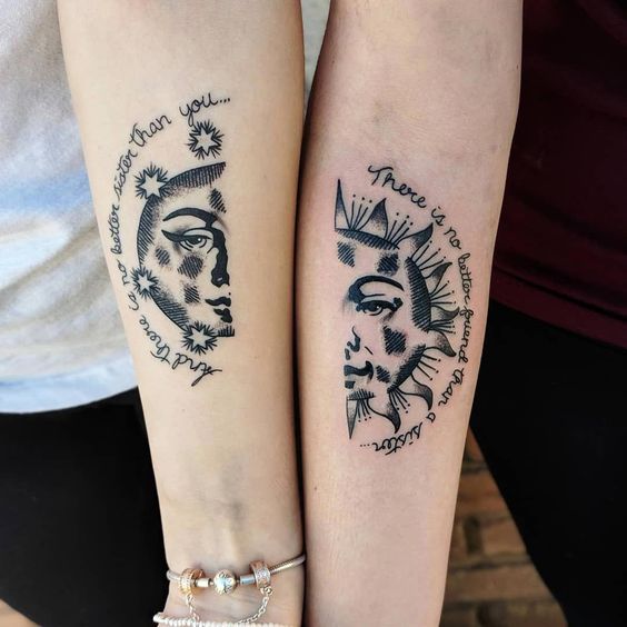a cool matching moon and sun tattoo with calligraphy and stars on the forearms are a nice and creative idea