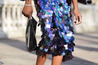a fantastic colorful scale sequin midi A-line skirt is a very bold and chic statement to rock right now