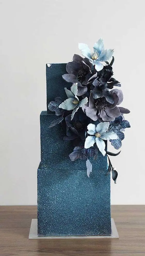 a fantastic navy textural square wedding cake with grey, light blue and navy suga blooms is a gorgeous solution for a sophisticated wedding