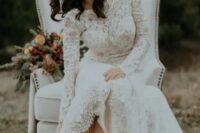 a gorgeous vintage-inspired lace wedding dress with an illusion neckline, long sleeves and an embellished belt