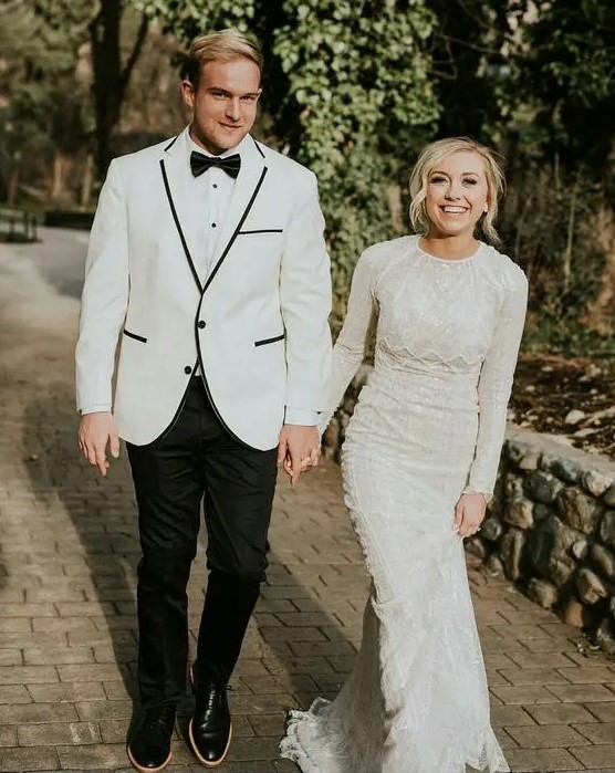 a high neckline sheath wedding dress with long sleeves, textural lace and beading