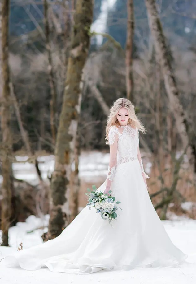a lace illusion bodice and sleeve A-line wedding dress with a train for a princess-style look