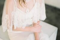 a lace trim high neckline capelet is a beautiful and delicate way to cover up your shoulders if you are wearing a strapless wedding dress