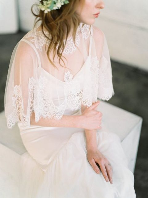a lace trim high neckline capelet is a beautiful and delicate way to cover up your shoulders if you are wearing a strapless wedding dress