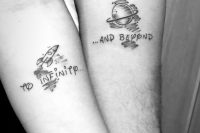 a rocket and a planet plus some letters are very creative forearm tattoos to rock together, they match in a cool way