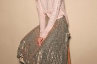 a rose gold sequin pleated A-line midi is a very festive and comfortable to wear piece