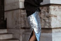 a silver midi skirt with a side slit is an elegant and stylish piece to rock, it’s timeless and comfy