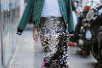 a silver pencil midi skirt with sequins of various sizes – smaller and larger looks very bold and festive