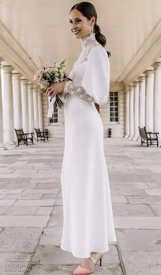 a vintage-inspired plain midi wedding dress with a lace turtleneck, puff and boho lace sleeves, peachy and gold shoes for a touch of color
