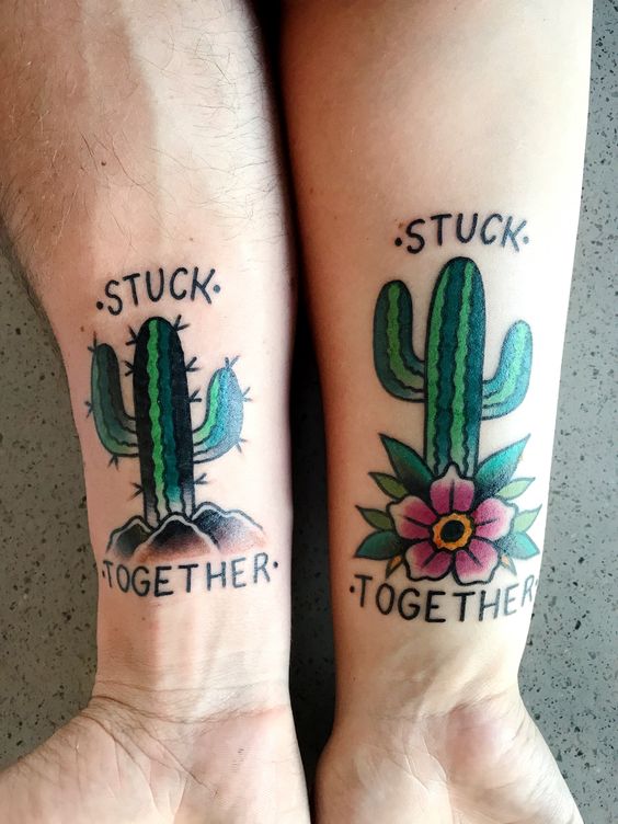 bright and fun cactus tattoos with flowers and not and with words are amazing for a couple