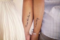 chic calligraphy tattoos along the forearms are right what you need to look cool together and separately