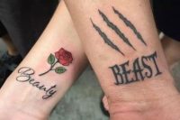 fun Beauty and Beast tattoos with scars and a flower on the wrists are a fun and bold idea to rock