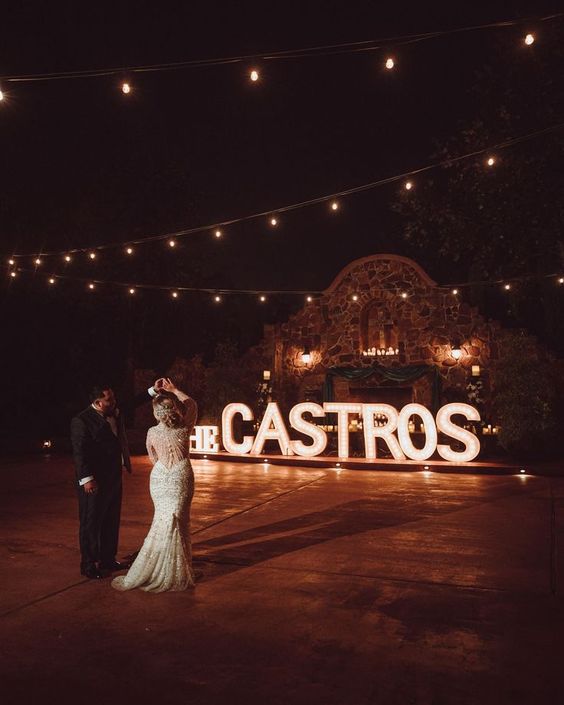 marquee wedding letters forming the last name of the couple are amazing to style your wedding dance floor