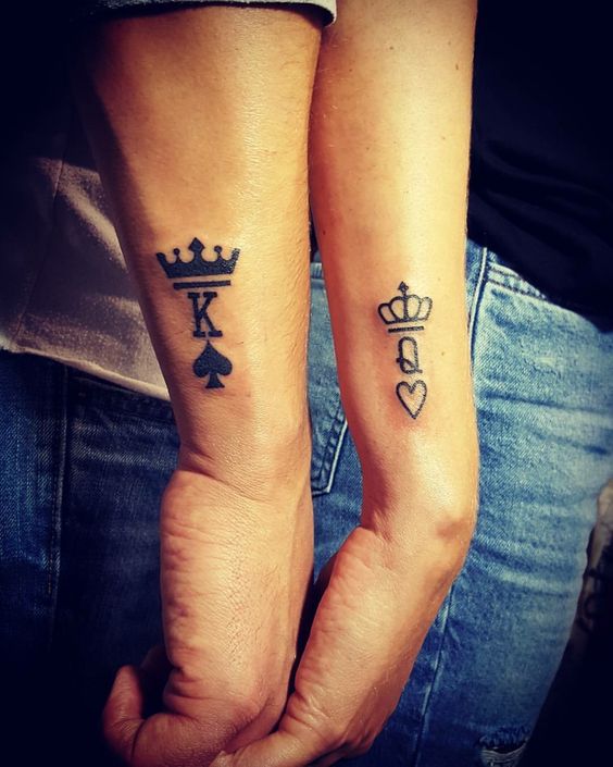 matching King and Queen tattoos with crowns are nice for card-loving couple and not only