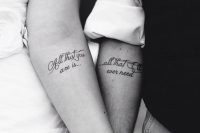 matching calligraphy tattoos on the forearms are a cool idea you two can rock with style