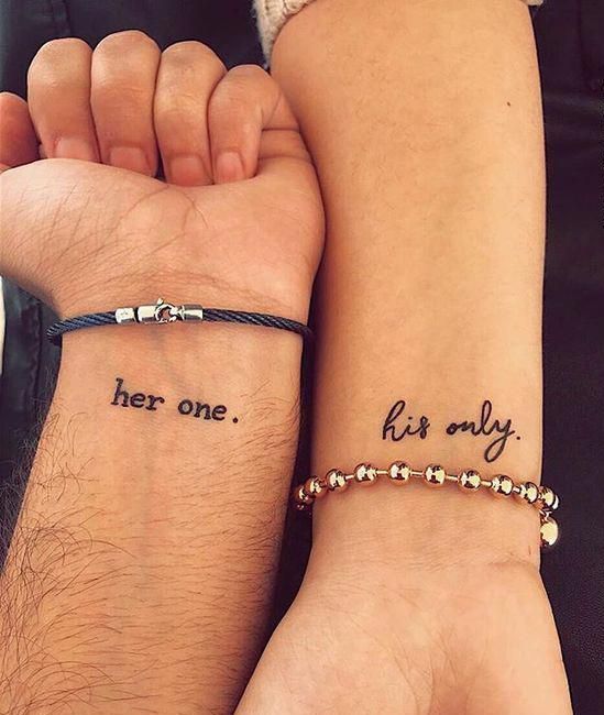 matching couple's tattoos with words on the wrists are chic and fun, rock them anywhere and enjoy