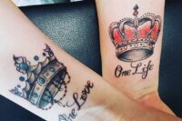 ‘one love’, ‘one life’ tattoos with crowns placed on the wrists are a classic idea of a couple tattoo