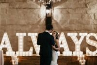 oversized ALWAYS marquee letters can style a dance floor or a ceremony space, add more lights and candles