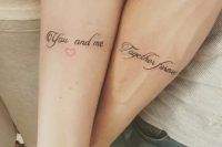 stylish calligraphy tattoos and a little red heart for rocking these cuties together and separately