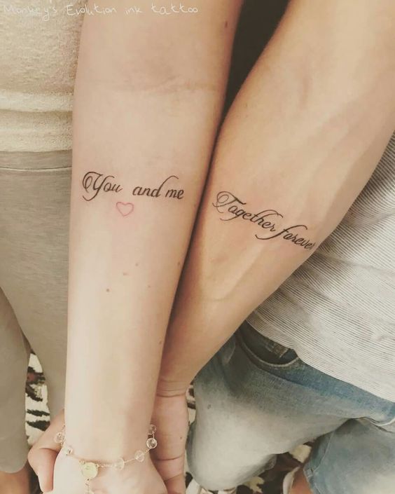 stylish calligraphy tattoos and a little red heart for rocking these cuties together and separately