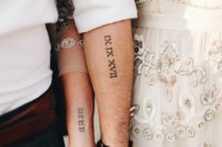 wedding date tattoos done with Roman numbers and placed on arms is a stylish idea