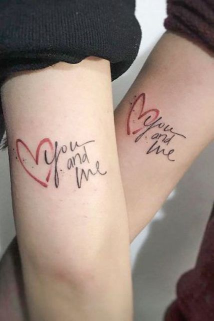 'you and me' bounding couple tattoos and red hearts are amazing for weddings, too