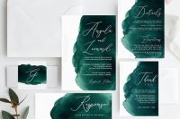 a bold emerald and white wedding invitation suite with watercolor and calligraphy is a contrasting and cool idea for a modern celebration