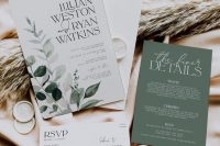 a delicate woodland wedding invitation suite in green and white, with leaf prints and elegant lettering is chic