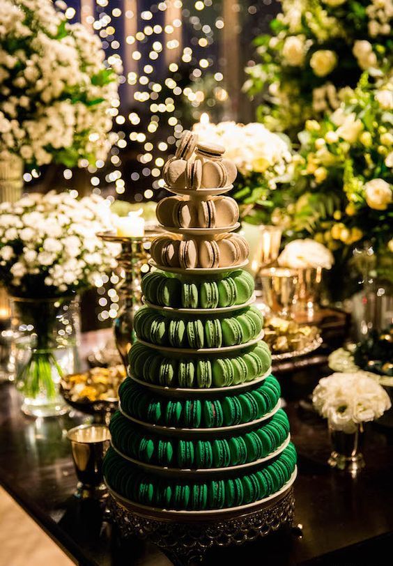 a tiered stand with white, light green and emerald green macarons is a lovely idea for a green and white wedding